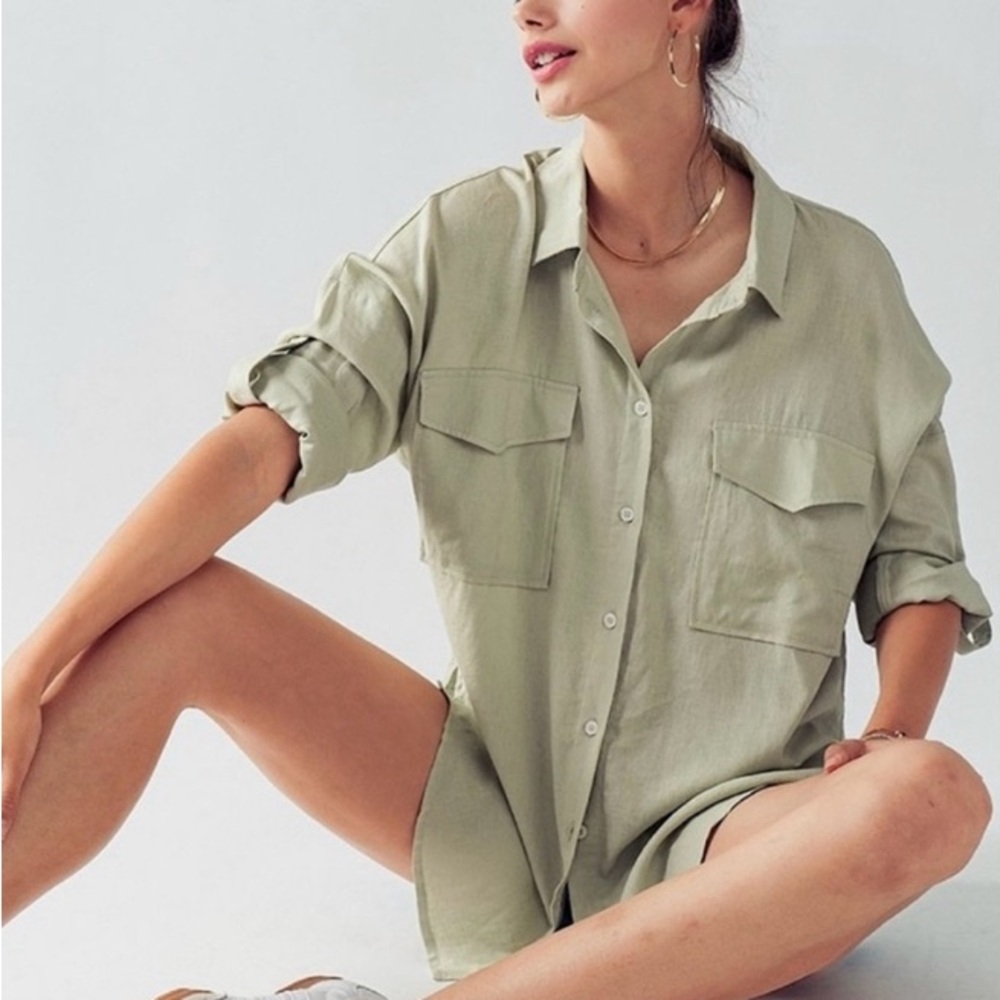 Light Green Button-Up Shirt Dress
